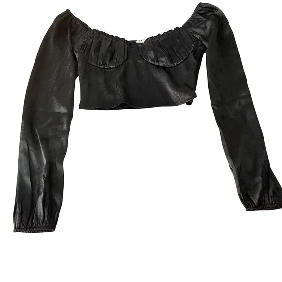 Black Off-The-Shoulder Jacquard Long-Sleeve Crop Top S By Lila Hearts - Picture 2 of 6